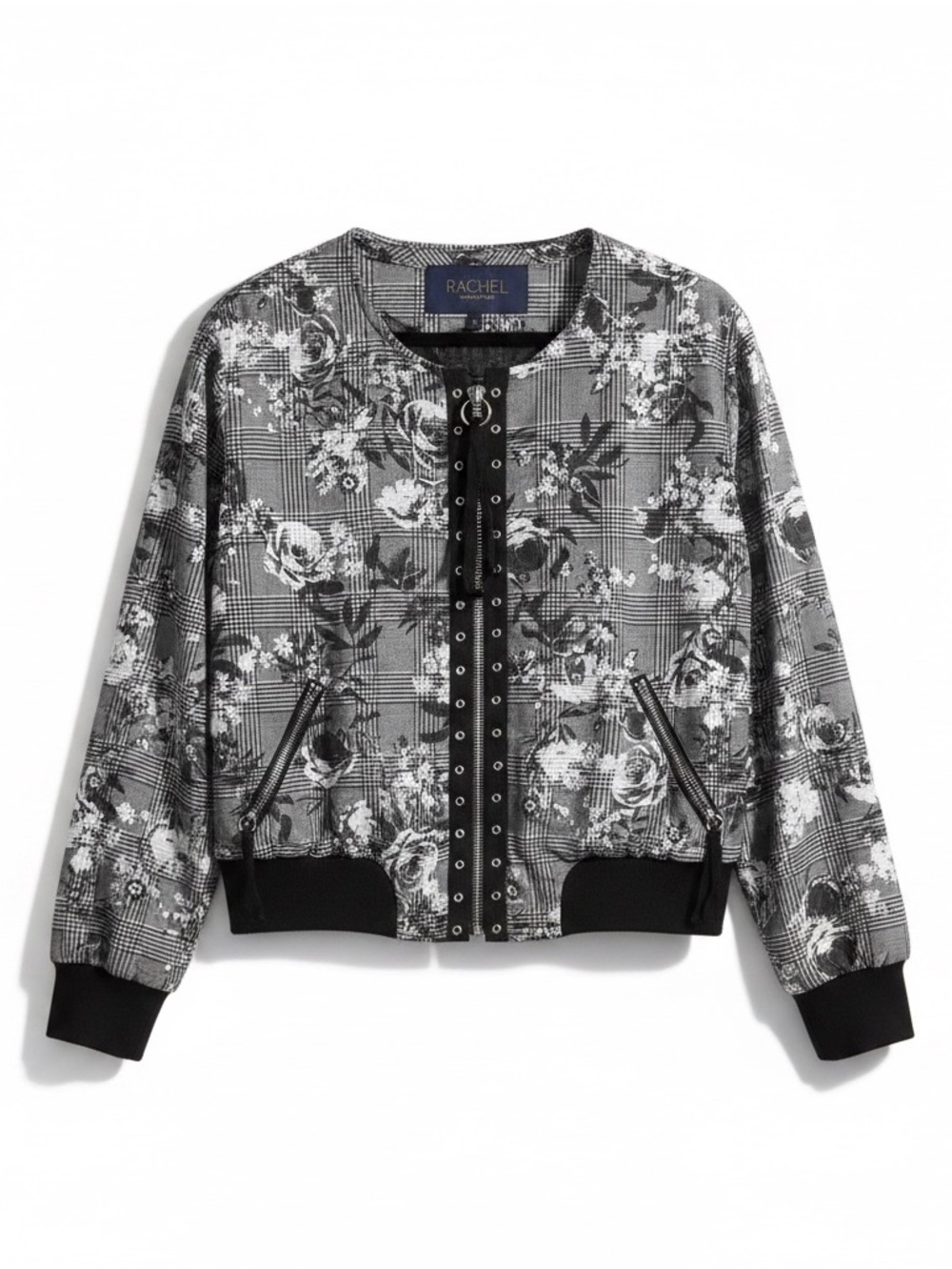 NWOT RACHEL Rachel Roy Black & White Floral Plaid Bomber Jacket XXL